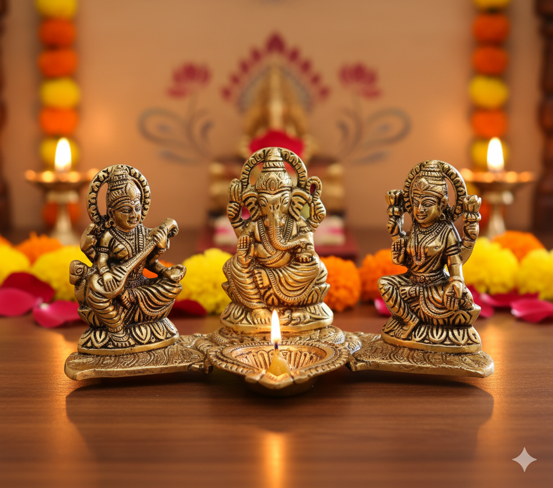 Design Gold Plated Lakshmi Ganesh Saraswati Idol with Deepak Showpiece. [DIWALI OFFER] 50%OFF