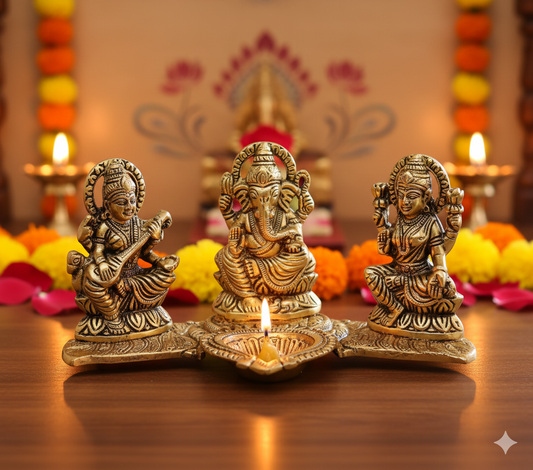 Design Gold Plated Lakshmi Ganesh Saraswati Idol with Deepak Showpiece. [DIWALI OFFER] 50%OFF
